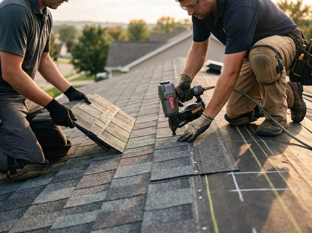 Professional roofer working on a residential roof in Lake Stickney